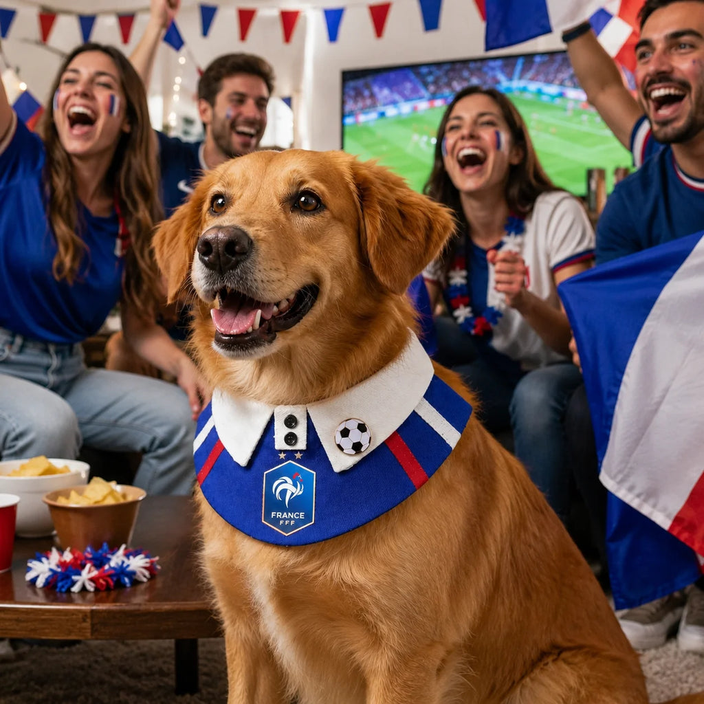 Dog wearing France-inspired soccer fan pet outfit at a party