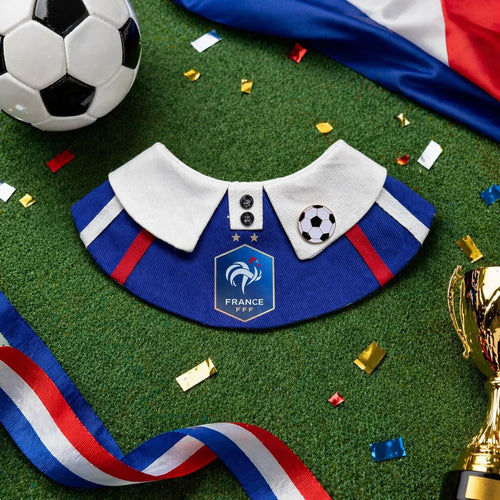 Flat-lay of the blue white and red soccer-inspired pet bib with football charm