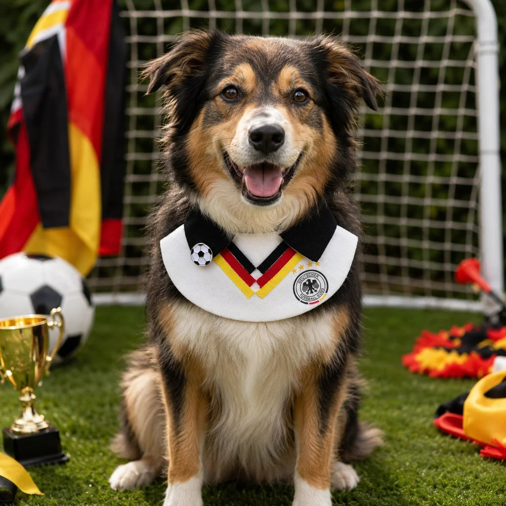 Dog wearing Germany-inspired soccer fan pet outfit standing on a green field