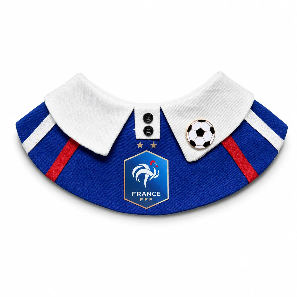 Blue white and red pet bib bandana with soccer charm on white background