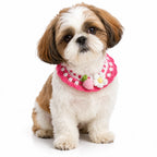 Pink crochet pet bib collar with strawberry and daisy charm for dogs and cats