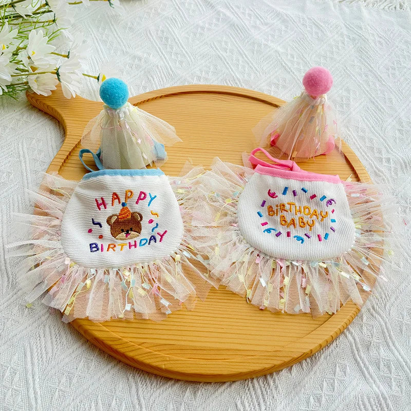 Pink and blue birthday pet outfits with bear embroidery and ruffle trim