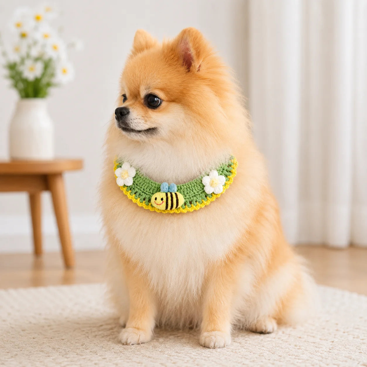 Cat wearing green artisan honeybee knit pet collar