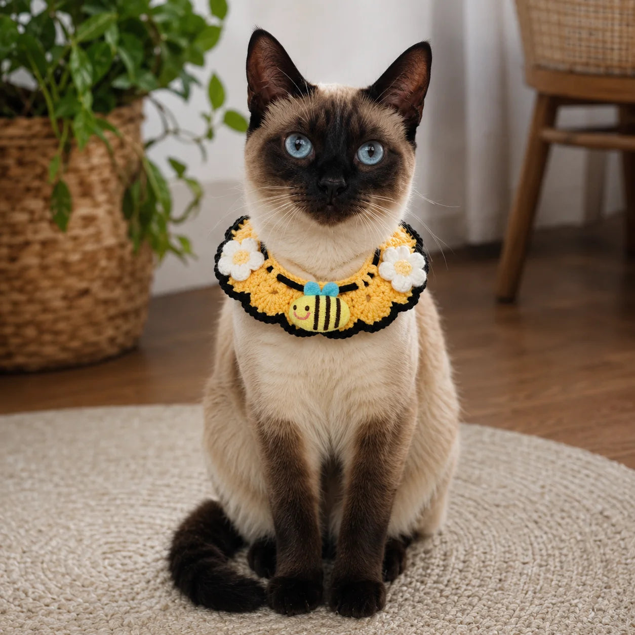 Cat wearing yellow knit pet collar with bee charm and white flowers