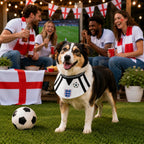 Pets and owners enjoying a soccer watch party with the England-inspired pet bib