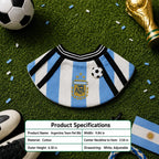 Product specifications for blue and white soccer pet bib showing measurements