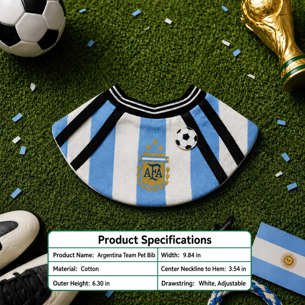 Product specifications for blue and white soccer pet bib showing measurements