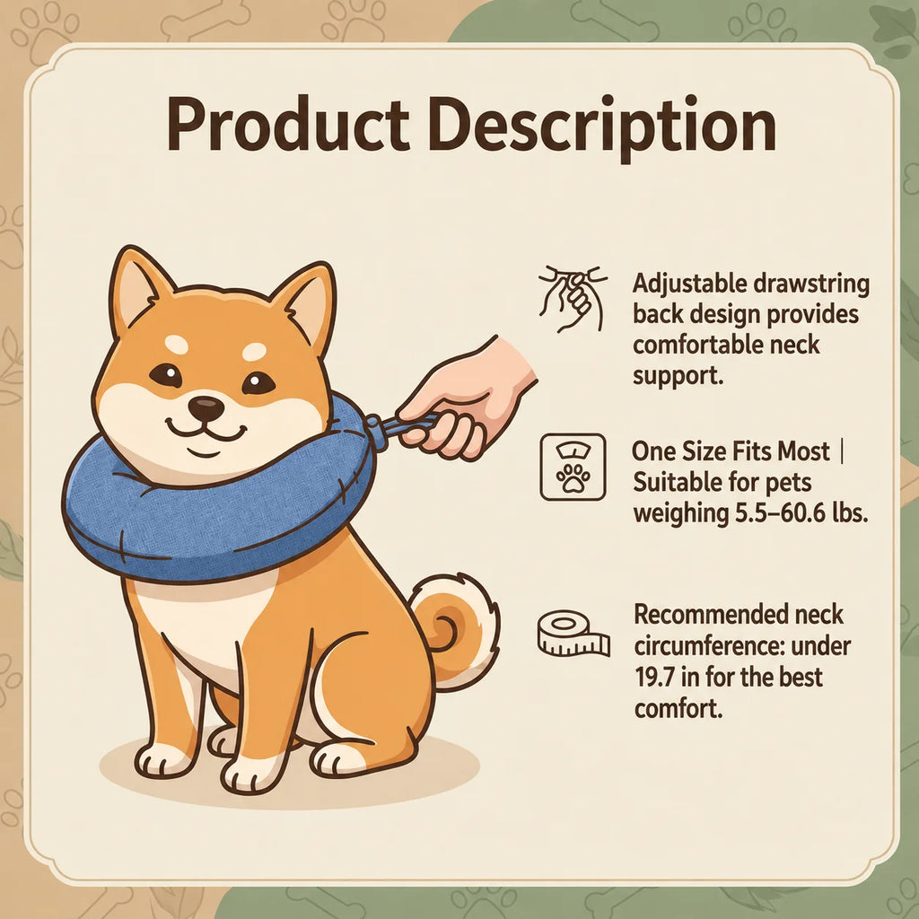 Shiba Inu dog wearing a supportive pet neck accessory with adjustable drawstring