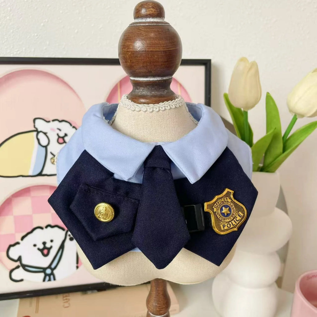 Police-inspired pet bib costume for dogs and cats on mannequin