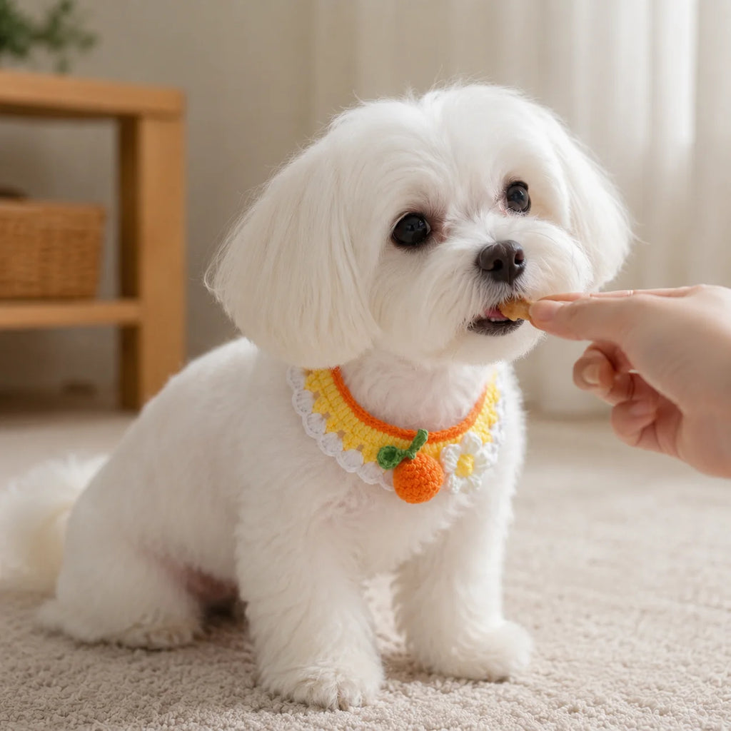 Maltese dog enjoying treats in orange knit pet collar