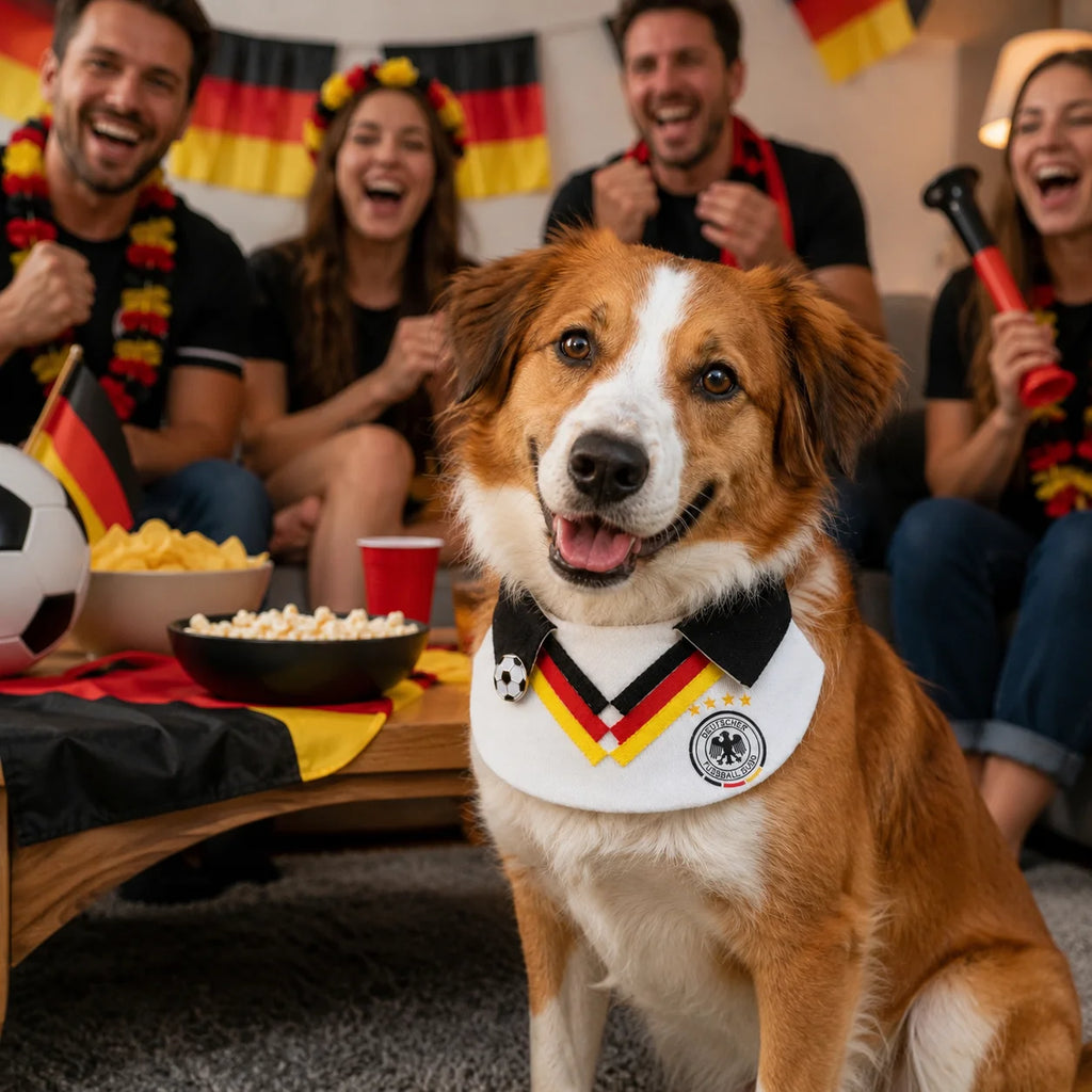 Medium dog wearing Germany-inspired soccer pet bib bandana at a game day party