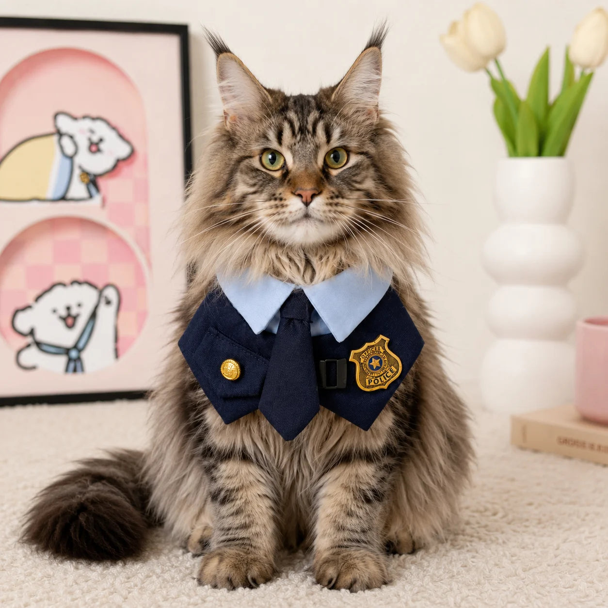 Small dog wearing police-inspired formal pet bib collar costume