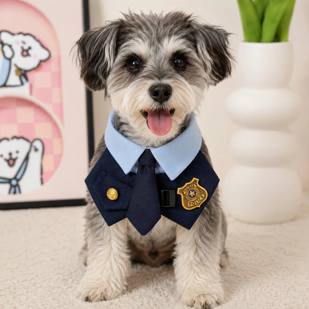 Dog wearing navy tie and light blue collar pet costume