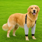 Golden retriever standing on green grass wearing gray pet front leg protectors on both front legs with adjustable black buckle straps