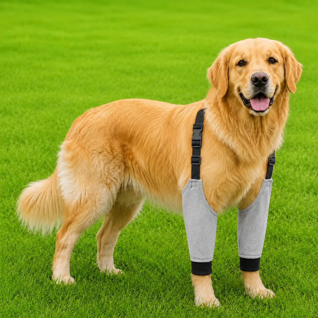 Golden retriever standing on green grass wearing gray pet front leg protectors on both front legs with adjustable black buckle straps