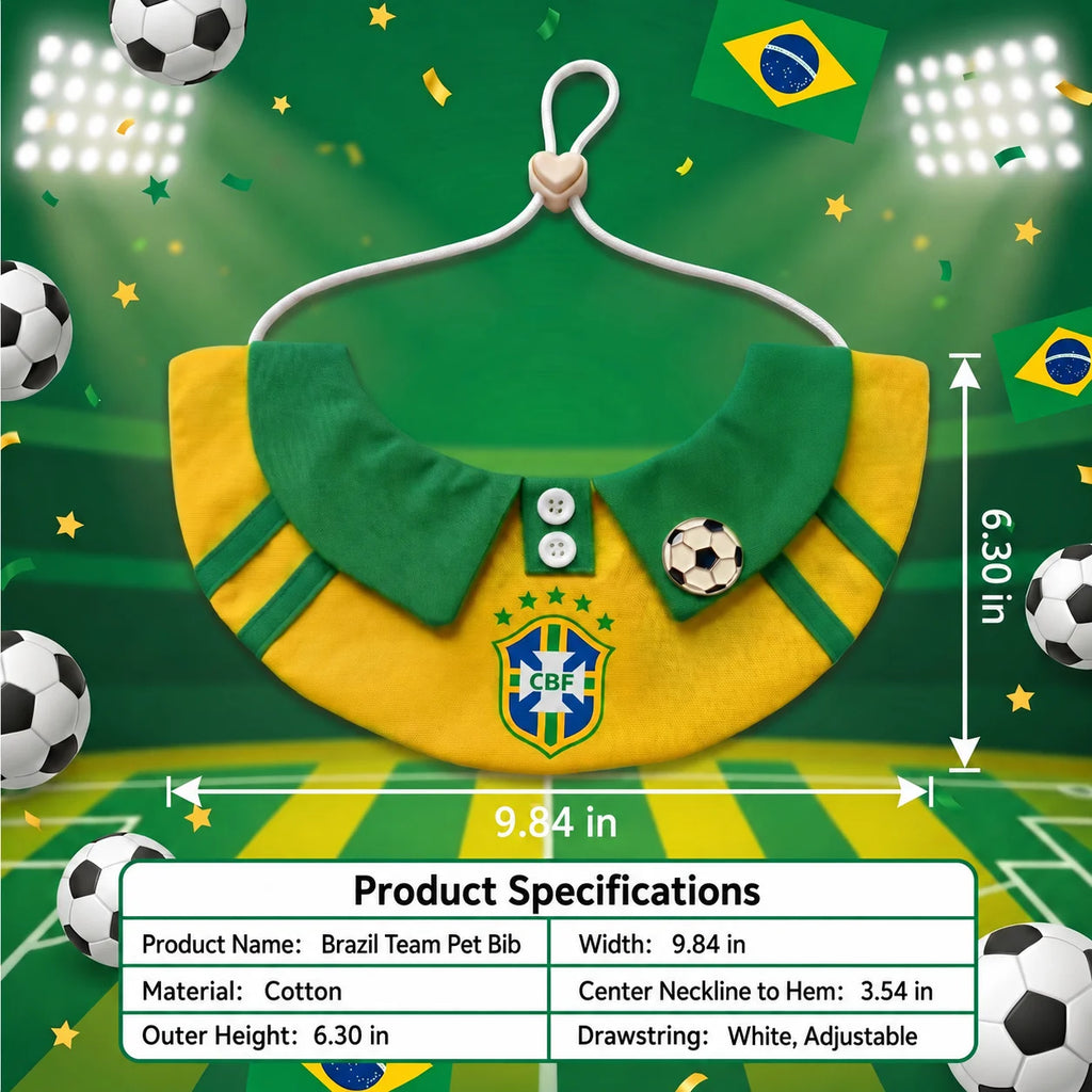 Product specifications for soccer pet bib showing width of 9.84 in and height of 6.30 in