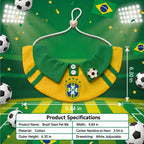 Product specifications for soccer pet bib showing width of 9.84 in and height of 6.30 in