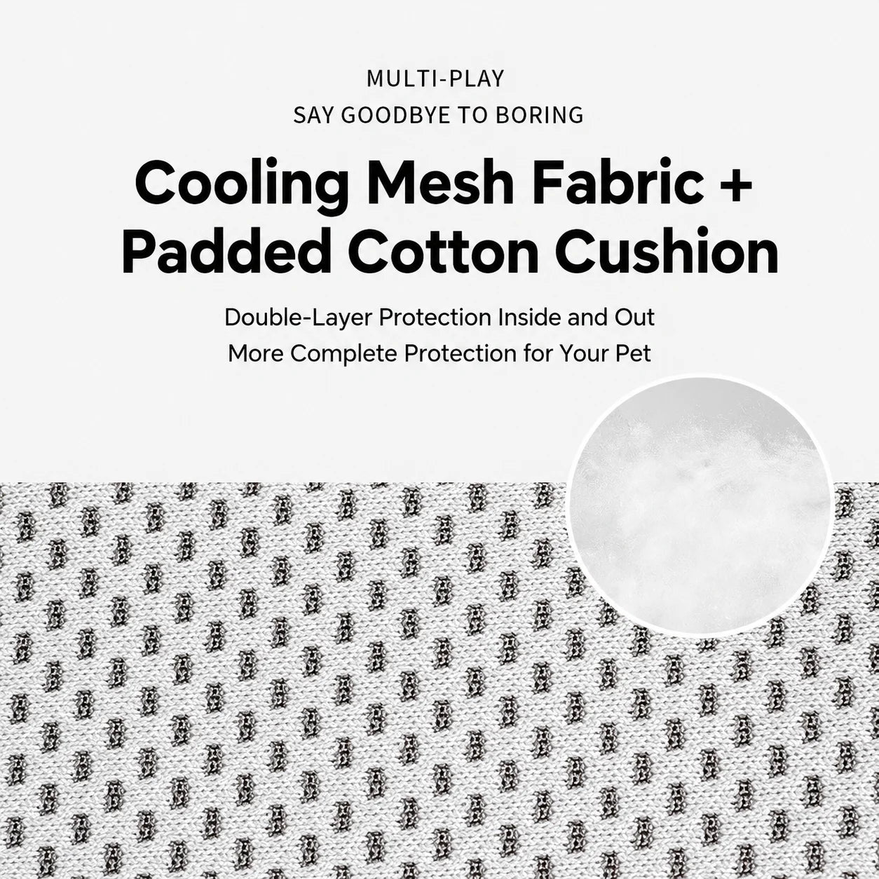 Closeup of cooling mesh fabric and padded cotton cushion on the inner side of dog front leg protectors