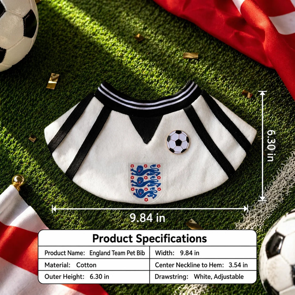 Product specifications for white and black soccer pet bib showing measurements