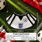 Product specifications for white and black soccer pet bib showing measurements