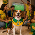 Pets and owners enjoying a soccer game day party with the Brazil-inspired pet bib
