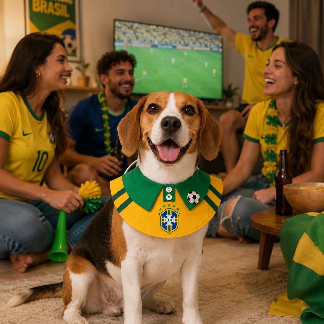 Pets and owners enjoying a soccer game day party with the Brazil-inspired pet bib