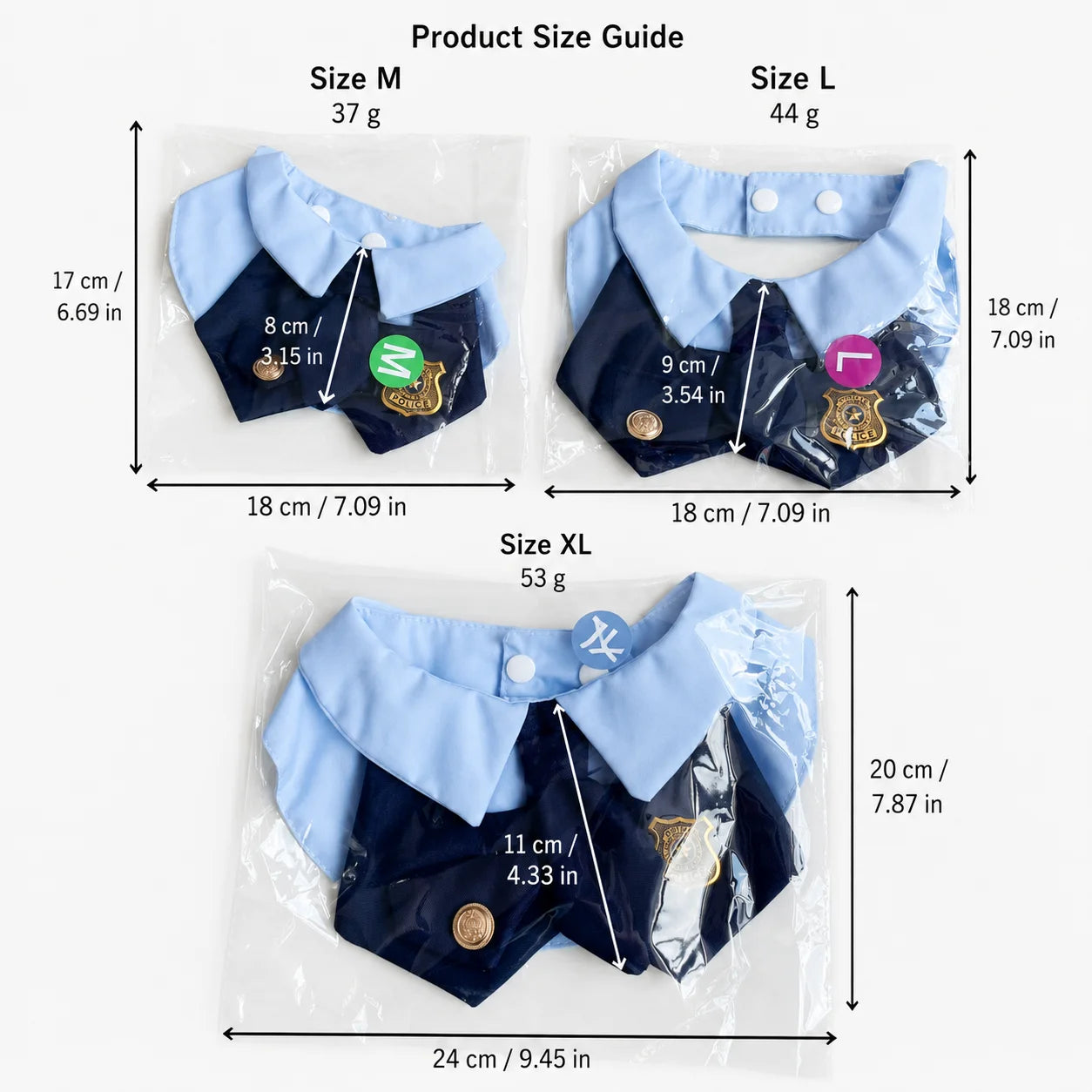 Product size guide for police pet collar showing M, L, and XL measurements