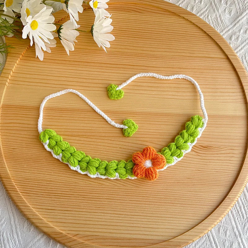 Green Crochet Flower Pet Collar flat