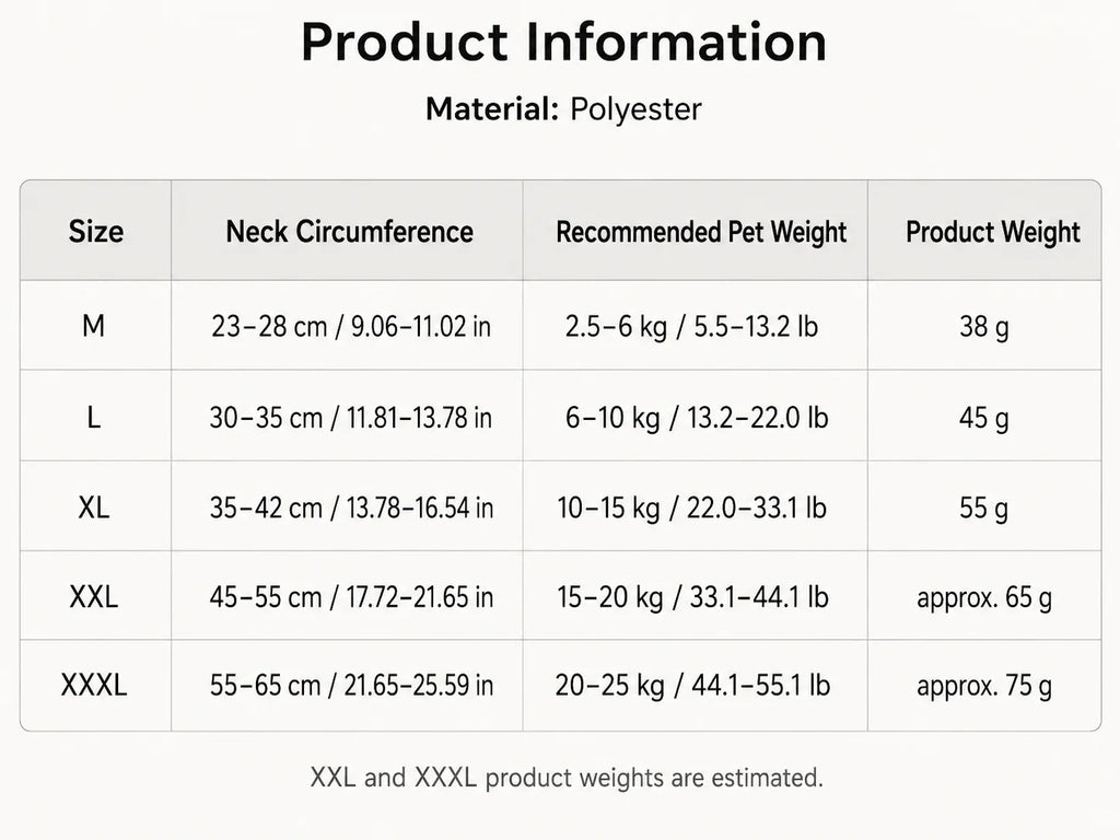 Product information table for police pet costume showing neck circumference and weight