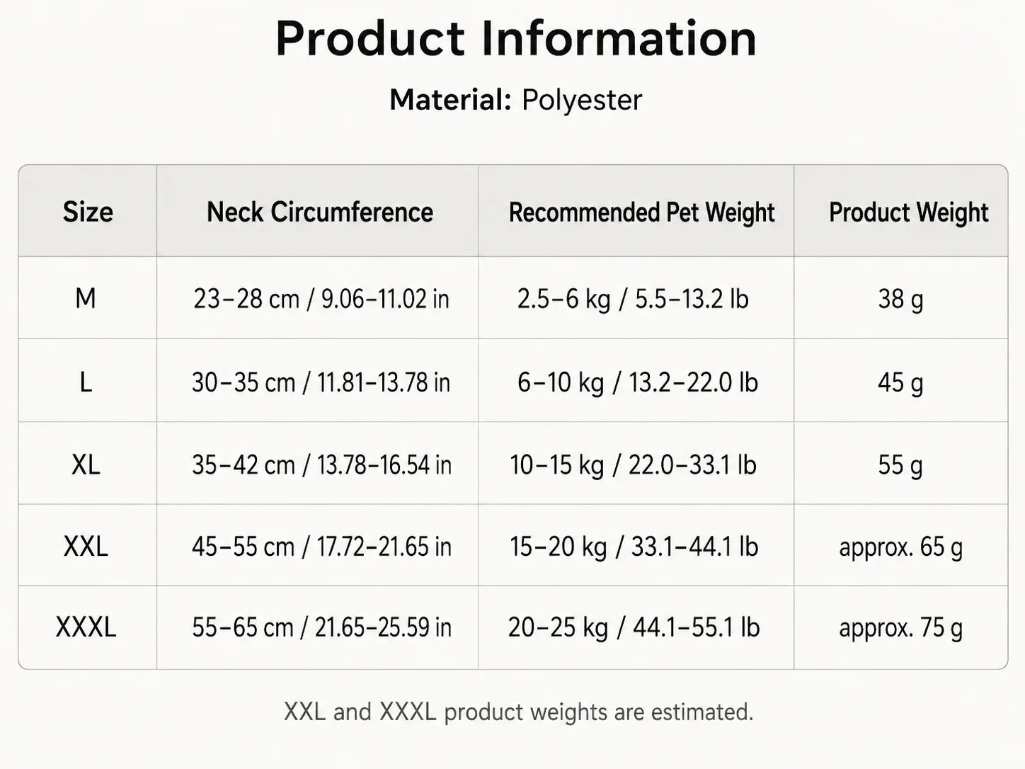 Product information table for police pet costume showing neck circumference and weight