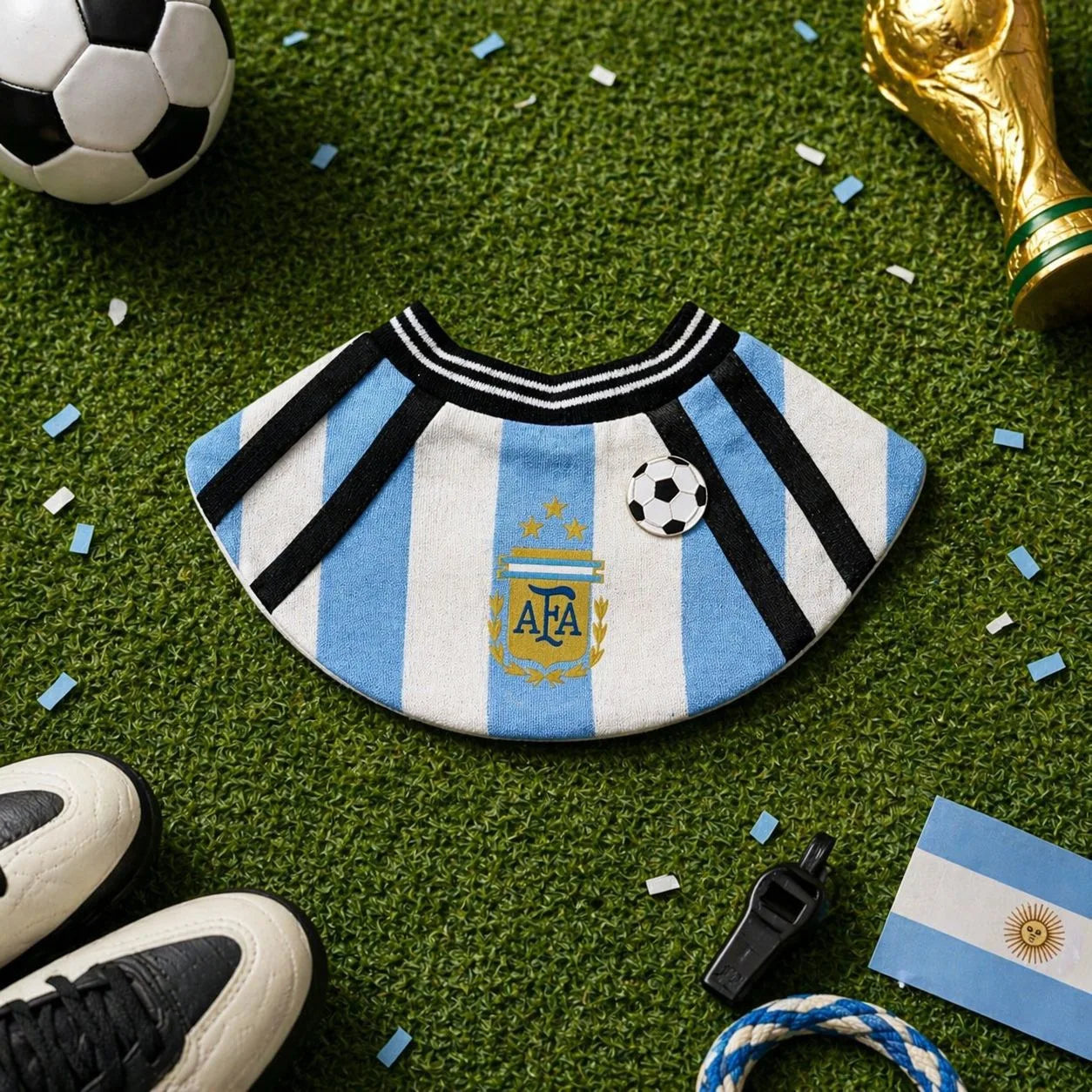 Flat-lay of the blue and white soccer-inspired pet bib with football charm on grass
