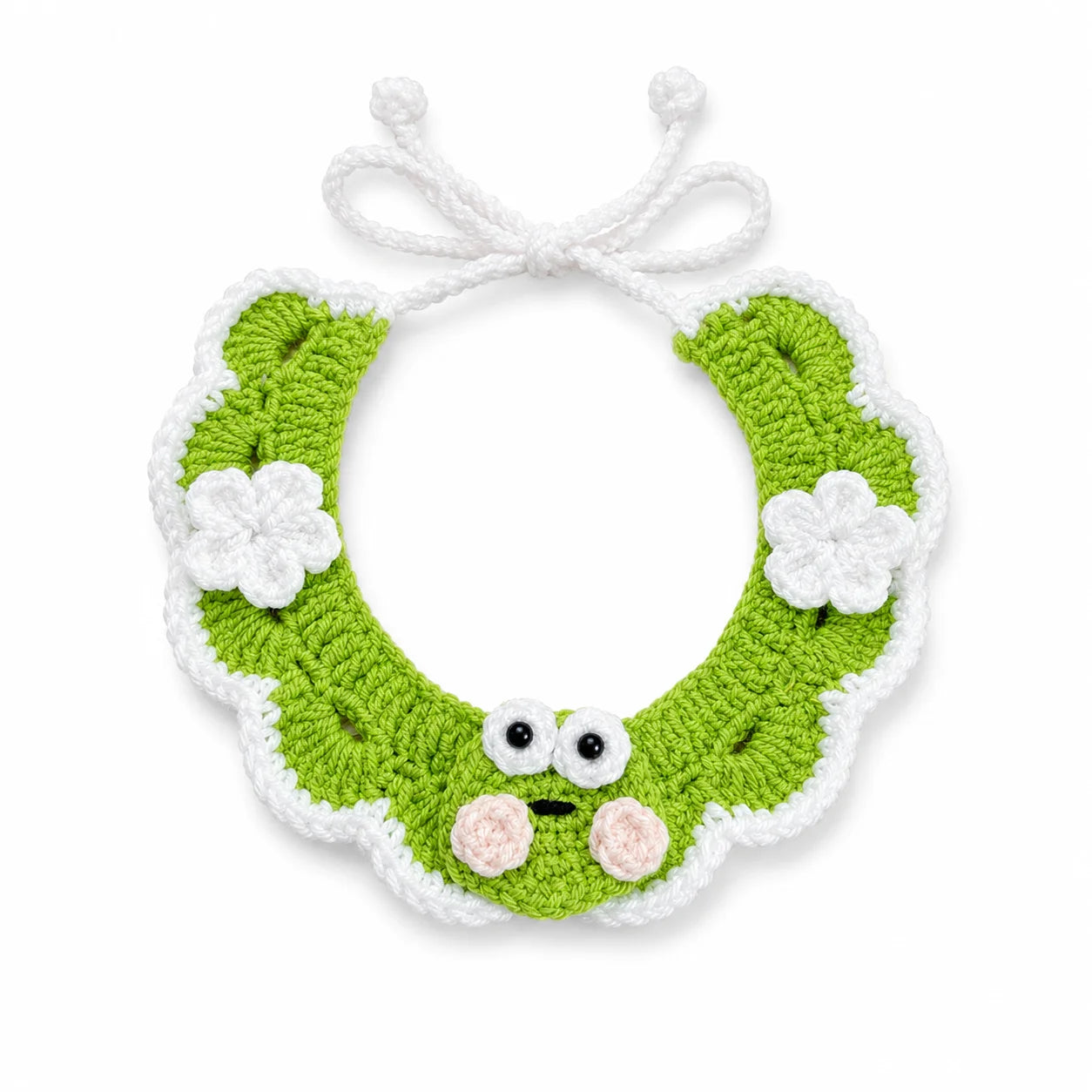 Green frog flower knit pet collar on white background