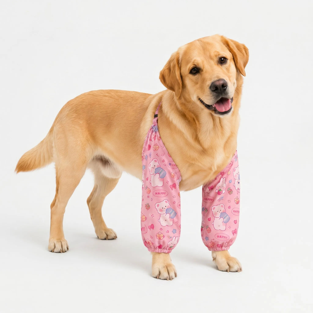Pink bunny print dog elbow guard sleeves on dog