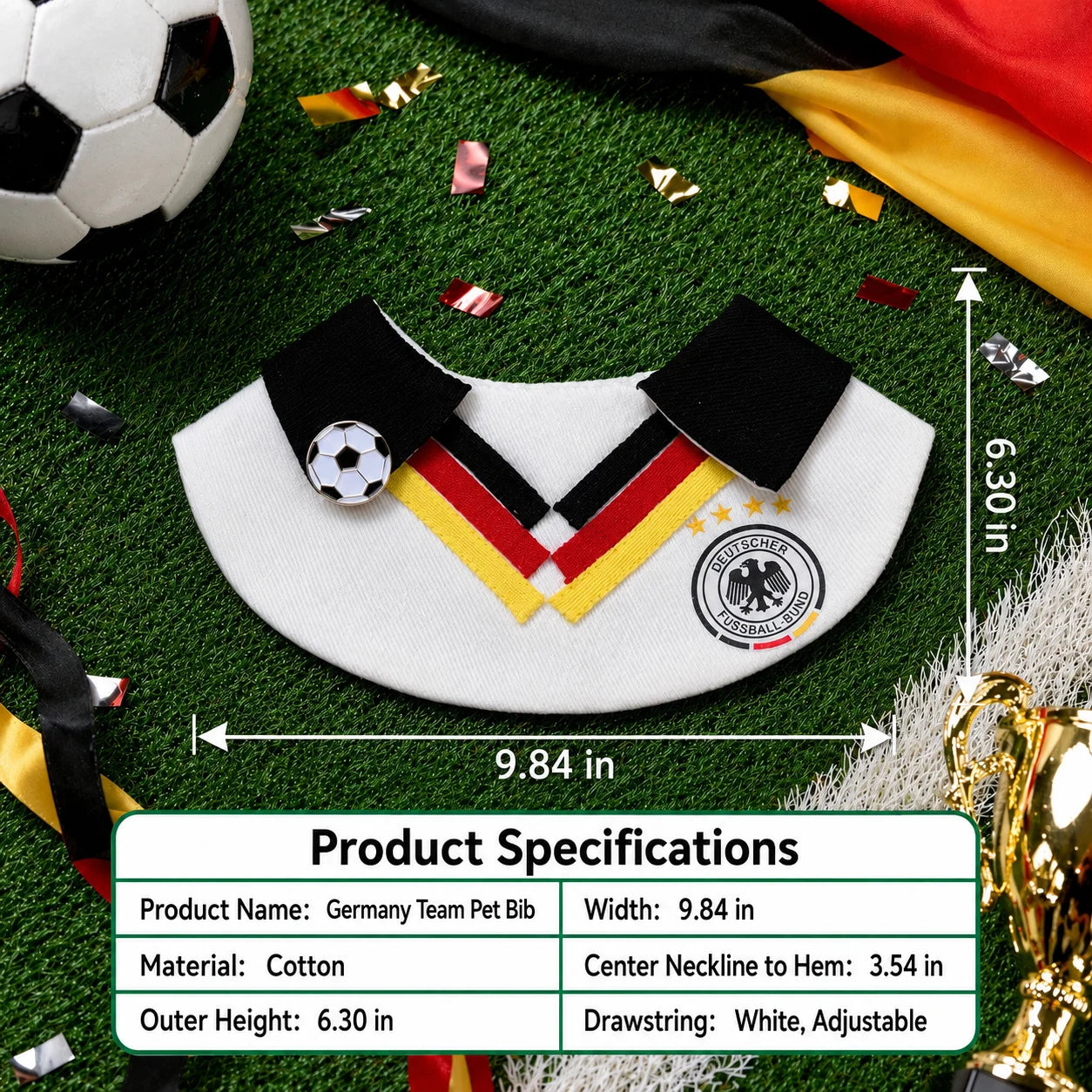 Product specifications for Germany-inspired soccer pet bib showing measurements