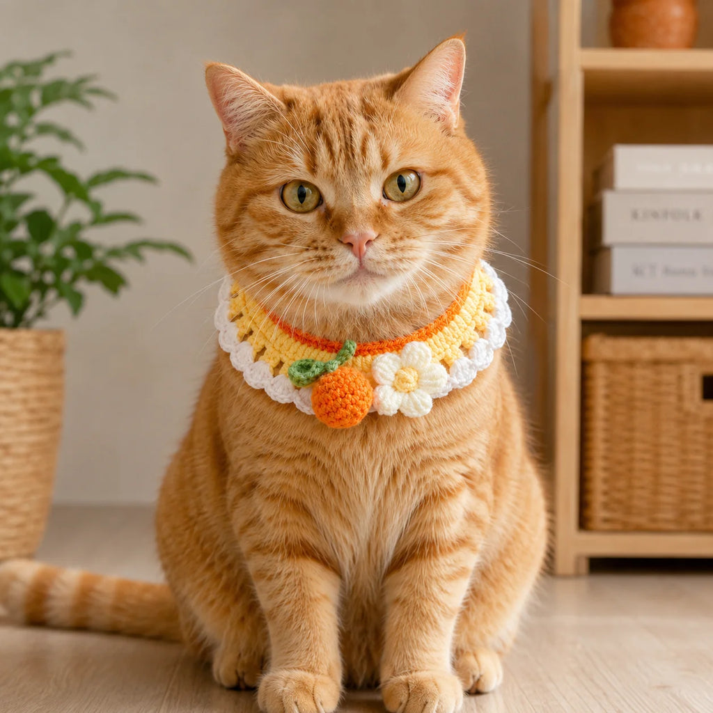 Orange cat wearing artisan orange knit pet collar