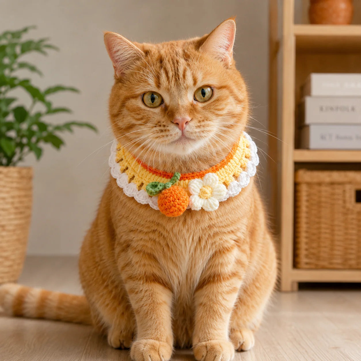 Orange cat wearing artisan orange knit pet collar