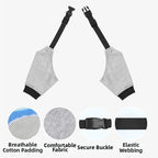 Gray dog front leg protector sleeves 2-pack set with closeups of breathable padding, comfortable fabric, secure buckles, and elastic webbing