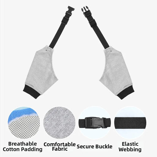 Gray dog front leg protector sleeves 2-pack set with closeups of breathable padding, comfortable fabric, secure buckles, and elastic webbing