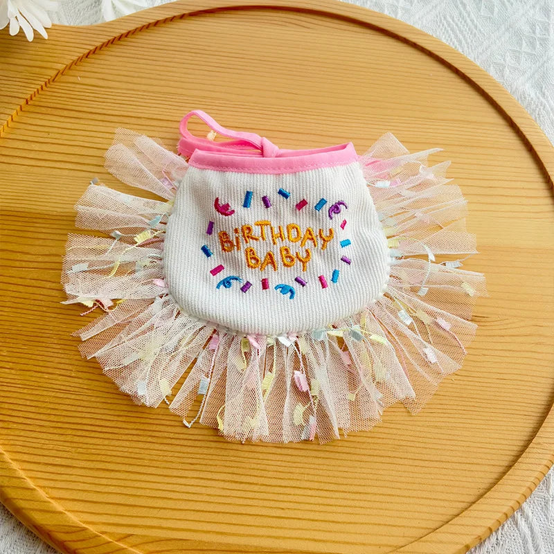 Birthday baby embroidered pet bib in pink with holographic ruffle