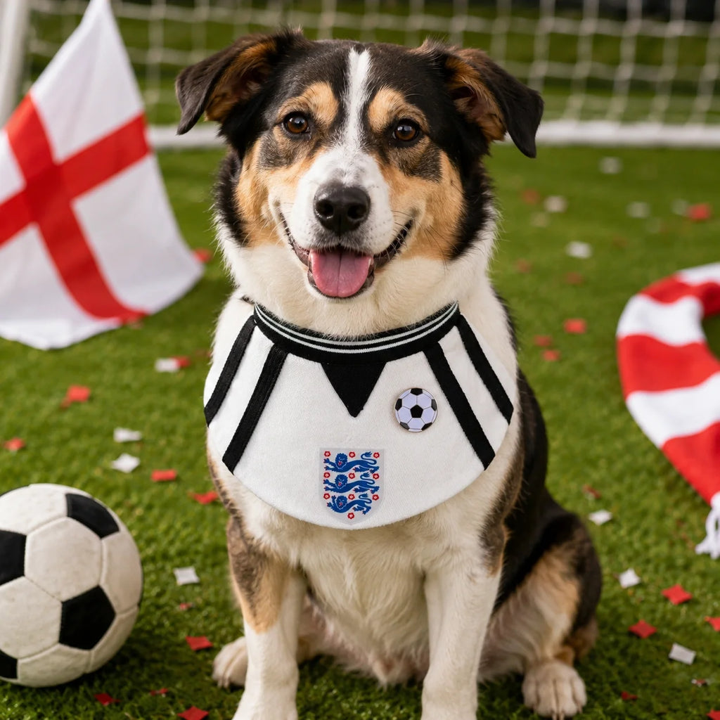 Medium dog wearing England-inspired white and black soccer pet bib bandana
