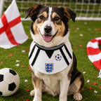 Medium dog wearing England-inspired white and black soccer pet bib bandana