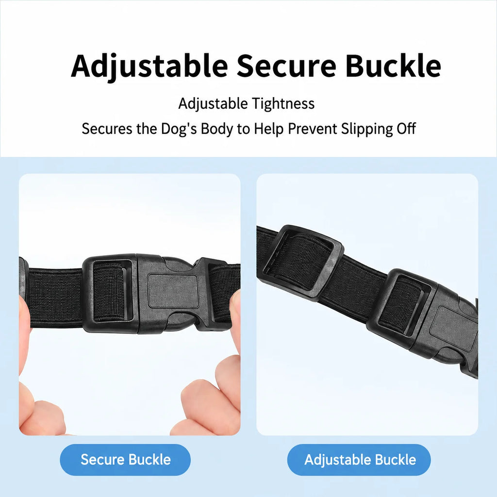 Closeup of adjustable secure black buckles and webbing system on gray dog front leg joint sleeves