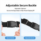 Closeup of adjustable secure black buckles and webbing system on gray dog front leg joint sleeves