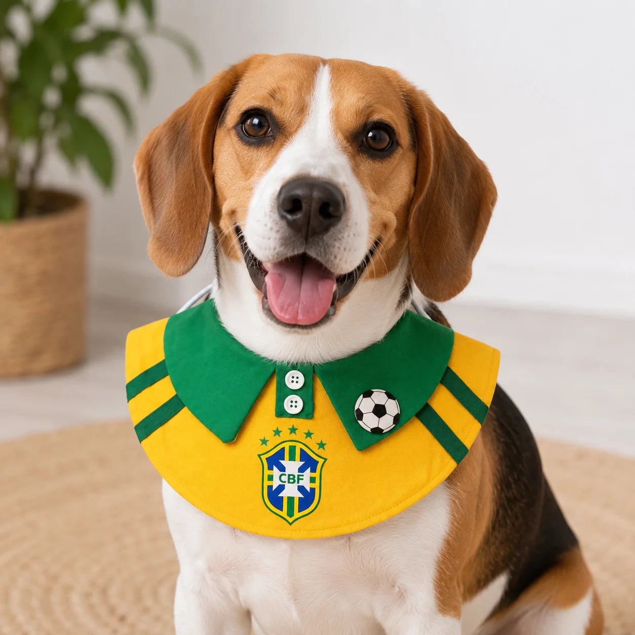 Beagle dog wearing Brazil-inspired soccer pet bib bandana on a clean white background