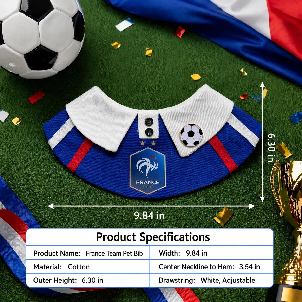 Product specifications for France-inspired soccer pet bib showing measurements