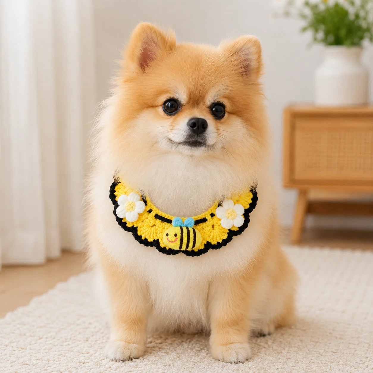 Small dog wearing yellow honeybee floral knit pet collar