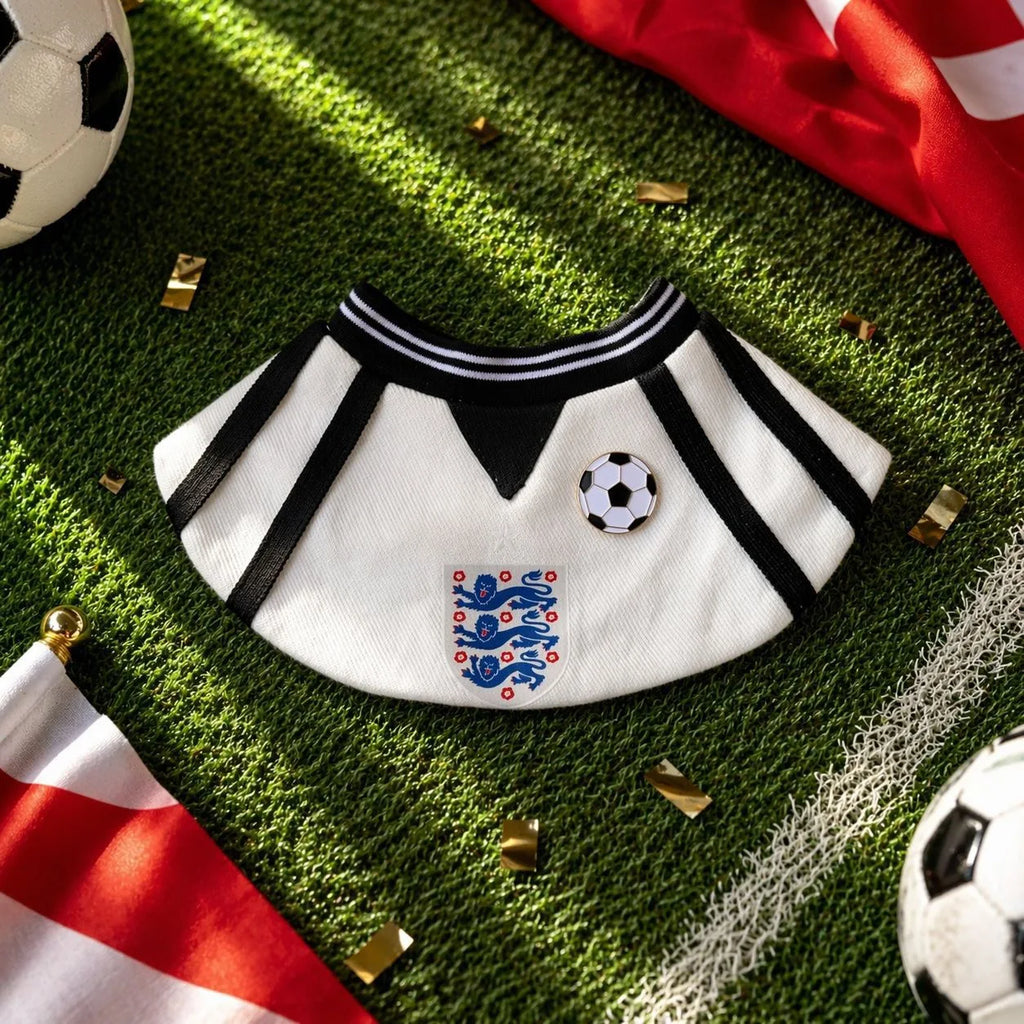 White and black pet bib bandana with soccer charm and adjustable tie string