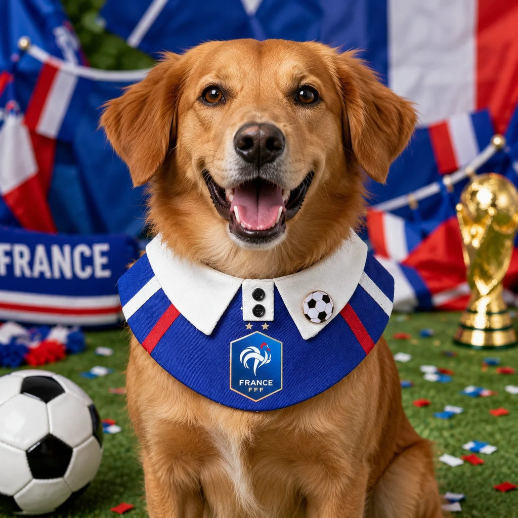 Golden retriever wearing France-inspired blue white and red soccer pet bib bandana