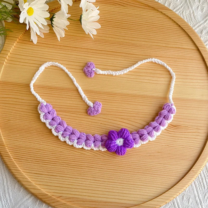 Purple Crochet Flower Pet Collar flat